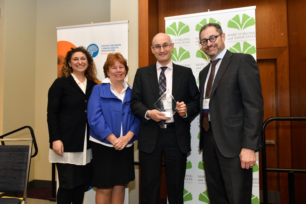 Darmiyan, who are developing an early dementia detection technology with CABHI's support, won the 2019 CABHI Innovation Award. From L-R: Dr. Allison Sekuler (CABHI), Mary Furlong (Mary Furlong & Associates), Dr. Kaveh Vejdani (Darmiyan), and Mel Barsky (CABHI).