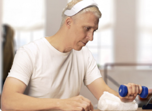 Man sitting with a band on his head